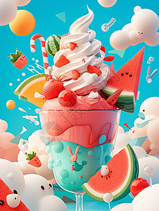 华夫饼冰激凌在空中云上一杯美味清凉的夏日水果饮品插画