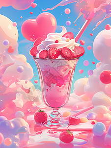 夏日饮品冰激凌在空中云朵上一杯美味的夏日水果饮品插画