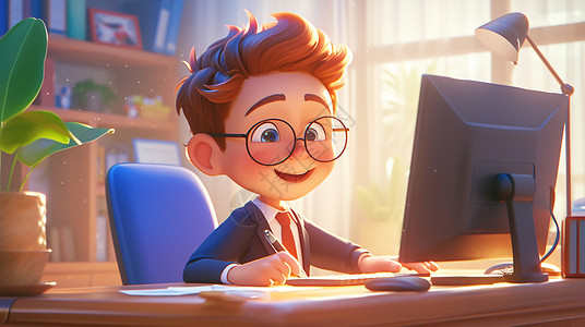 3D办公室穿着西装戴着黑框眼镜坐在工位电脑前忙碌的男人插画