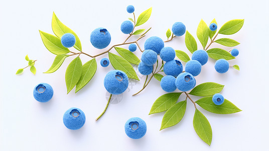 摘蓝莓枝头上蓝色可爱的卡通羊毛毡材质蓝莓插画