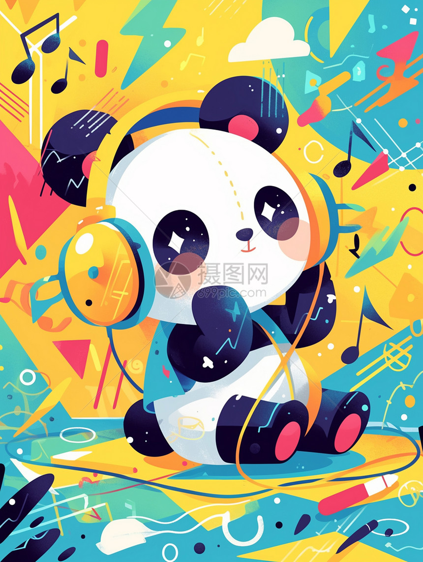 戴着耳麦听音乐帅气的卡通熊猫插画图片