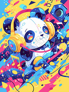 无线耳麦耳麦听音乐帅气的卡通大熊猫插画插画