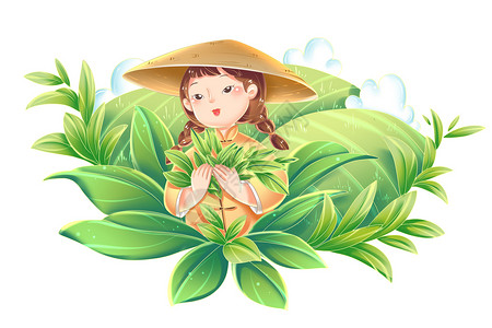 茶女古典素材卡通采茶女人物形象中国茶文化装饰插画