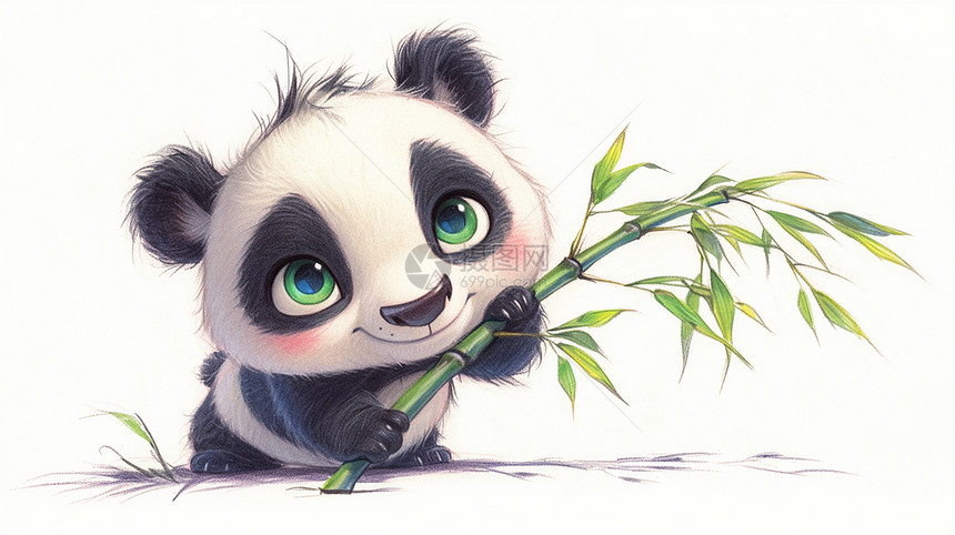 拿着绿色新鲜竹子的大熊猫图片