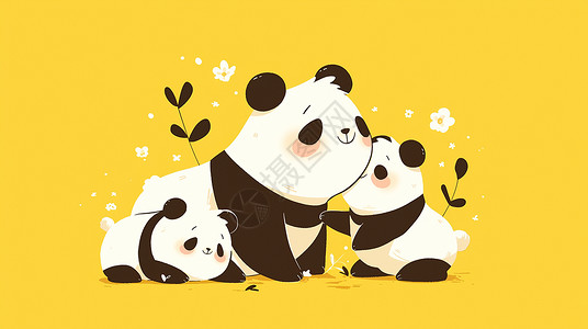 毛茛家族几只在一起玩耍的卡通大熊猫插画