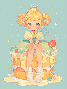 美食蛋糕素材头戴皇冠穿着绿色连衣裙坐在蛋糕的卡通女孩插画