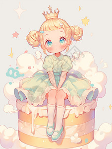 甜品蛋糕代金券头戴皇冠穿着连衣裙坐在蛋糕上的卡通女孩插画