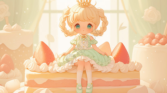 头戴皇冠穿着绿色连衣裙坐在蛋糕上的女孩高清图片