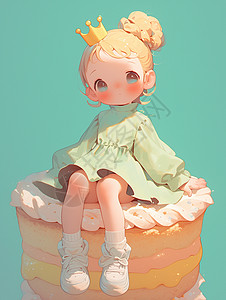 公主蛋糕头戴皇冠穿着绿色连衣裙坐在蛋糕上的女孩插画