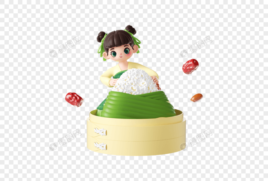 C4D端午节粽子3d女孩包粽子形象图片