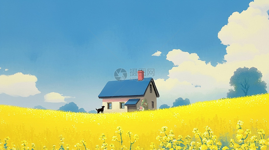 白云下盛开着油菜花的卡通花田一座小房子与一只小黑狗图片