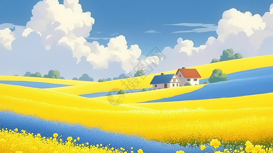黄色小房子蓝天白云下油菜花田中一座小房子插画