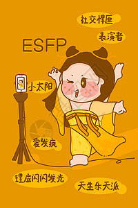 MBTI手绘卡通线描16型人格ESFP表演者黄色古风竖图背景图片