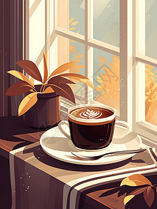 糕点包装盒在窗台上放着一杯咖啡插画
