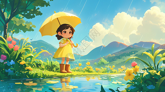 女孩在河边打着雨伞穿着雨靴站在河边赏雨的卡通小女孩插画