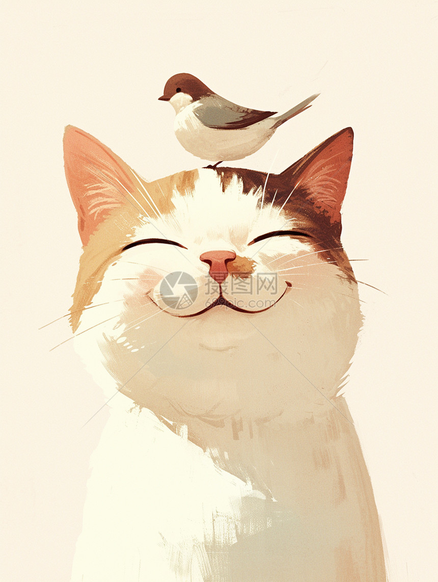 头上落着一只小鸟面带微笑的卡通小花猫图片