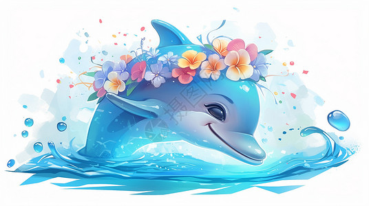 蓝色海豚大鱼头上戴着花环可爱的蓝色可爱卡通小海豚插画