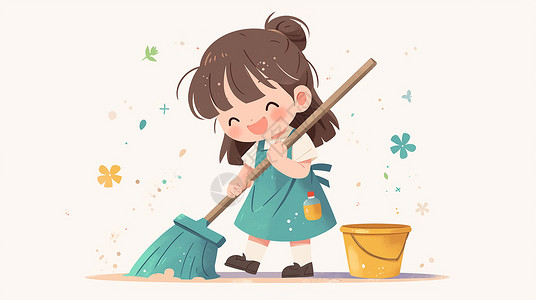 扫地的女孩做家务的卡通女孩插画