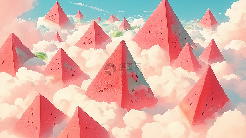 云雾间的梦幻的粉色卡通西瓜山图片