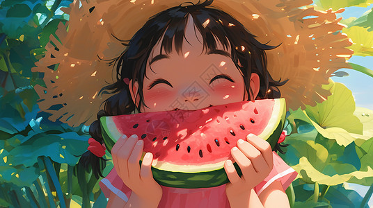 躲在冰箱吃西瓜的女孩在田间戴着草帽啃西瓜的卡通小女孩插画