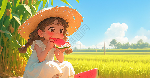 啃一口西瓜在田间戴着草帽啃西瓜的小女孩插画