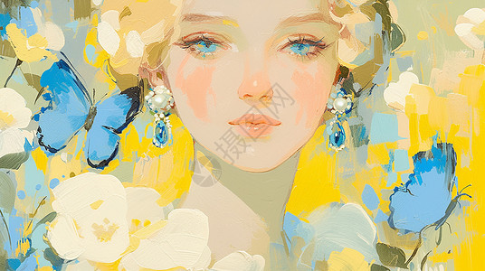 黄色的蝴蝶复古油画风在花丛中的卡通女人插画