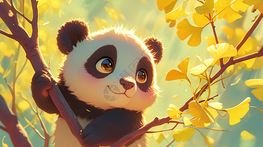 黄色的树林在银杏林中的可爱大熊猫插画