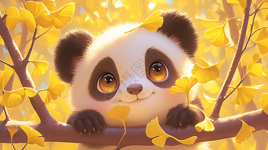 在黄色银杏林可爱卡通大熊猫背景图片