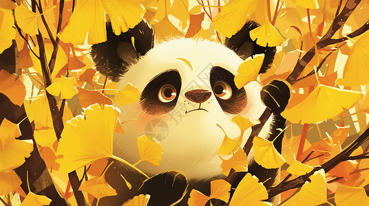 在黄色银杏林中的卡通大熊猫背景图片