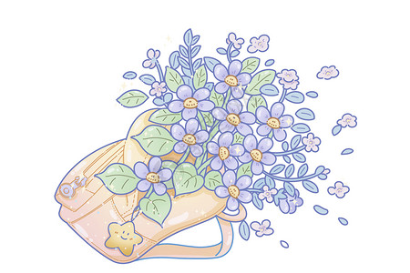 立夏免抠素材唯美治愈的花朵元素插画书包鲜花插画