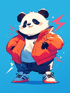 蓝色运动背景穿着红色运动装时尚的大熊猫插画