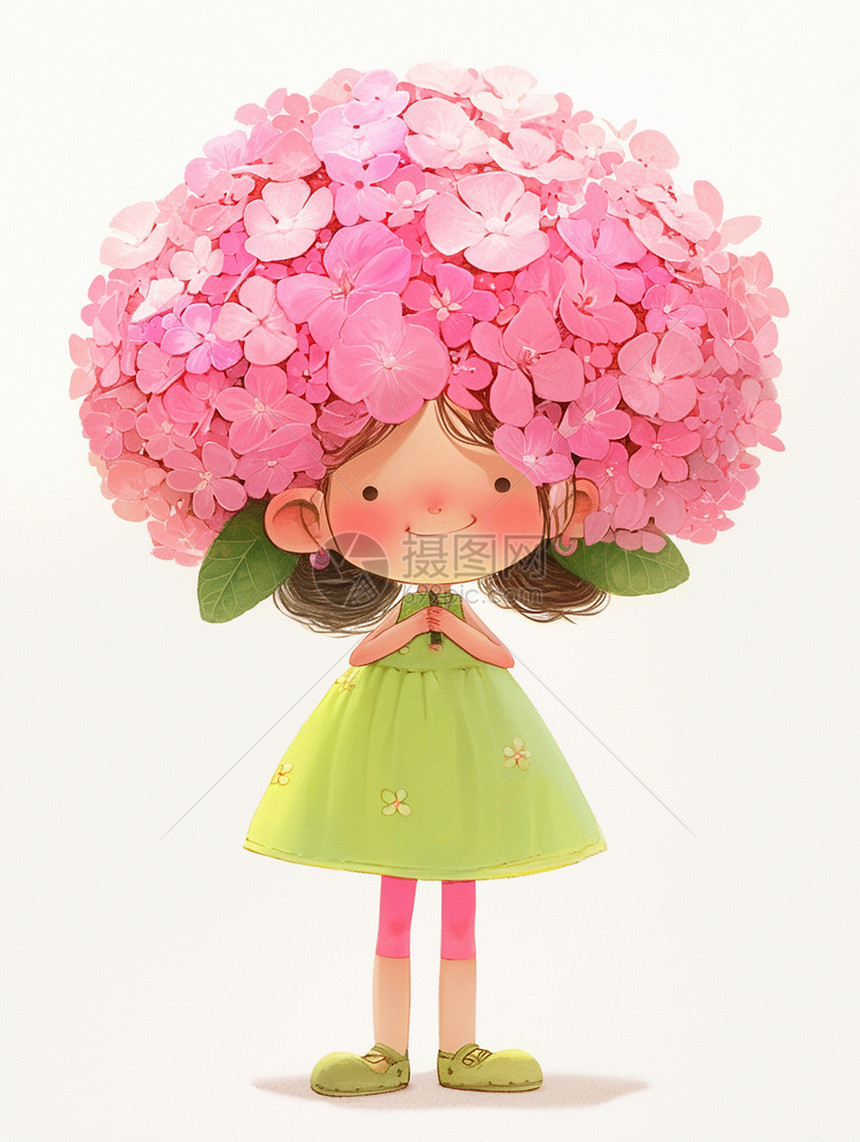 身穿绿色连衣裙头顶粉色花朵的可爱卡通小女孩图片