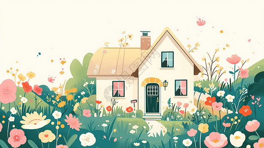 周围开满花朵的卡通小房子背景图片