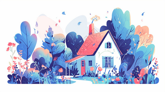 花丛中一座可爱的卡通小房子插画背景图片