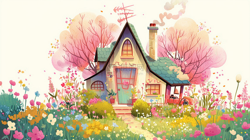 花丛中一座可爱的卡通房子插画图片