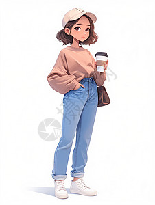女牛仔裤身穿牛仔裤端着咖啡的卡通年轻女孩插画