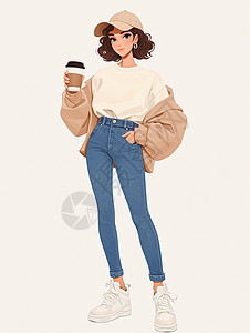穿牛仔裤端着咖啡的时尚卡通年轻女孩高清图片