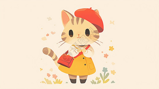练背背小红包的可爱卡通小猫插画