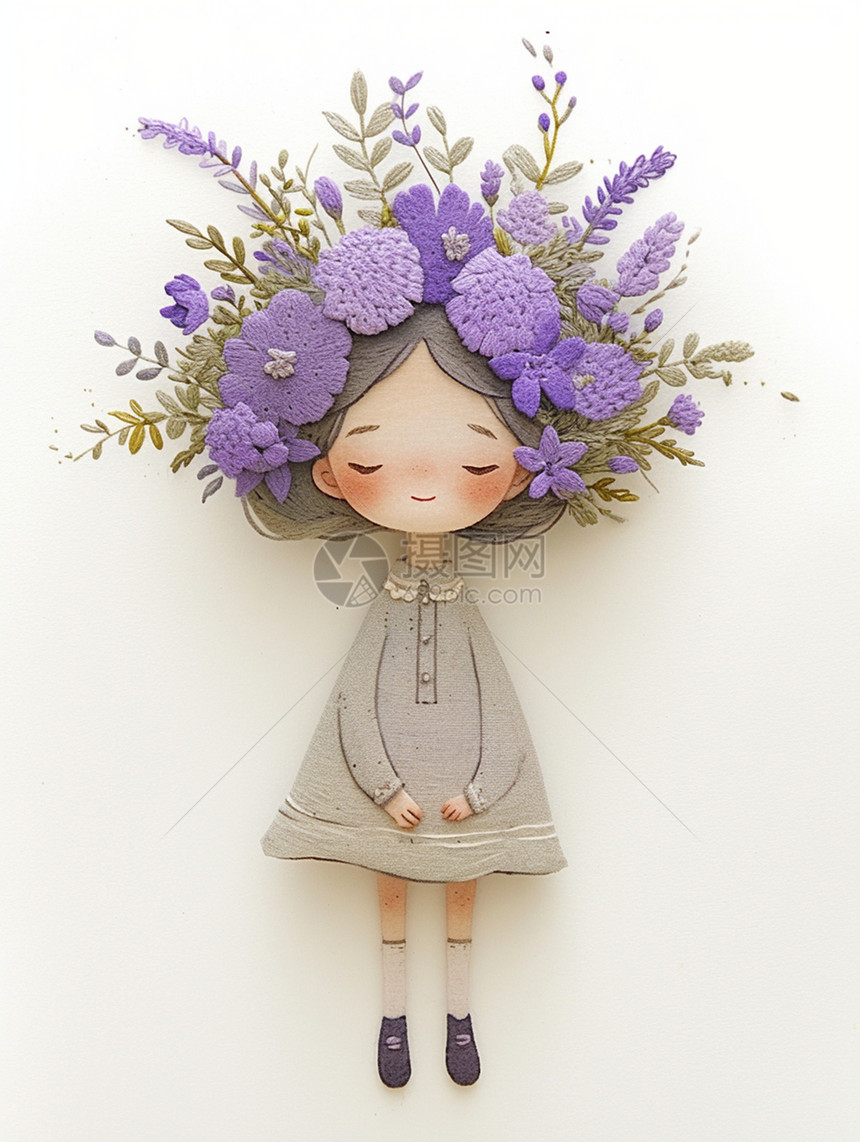 头上有紫色花朵的可爱小女孩图片