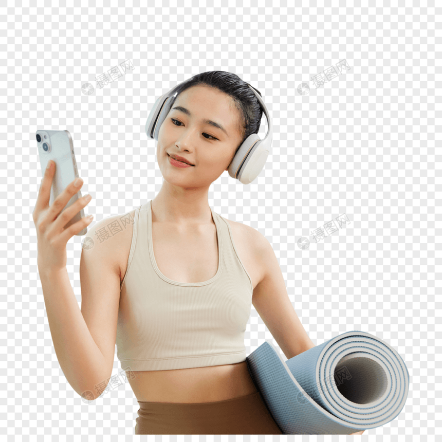 手机听音乐的运动年轻美女图片