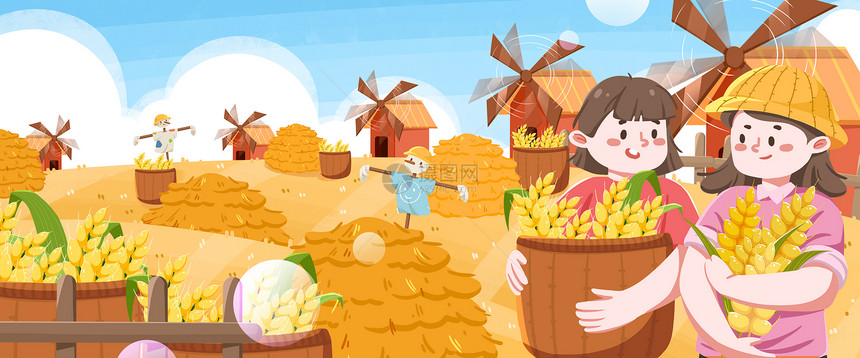 传统节日节气二十四节气芒种小满麦子主题扁平风治愈风横版插画图片