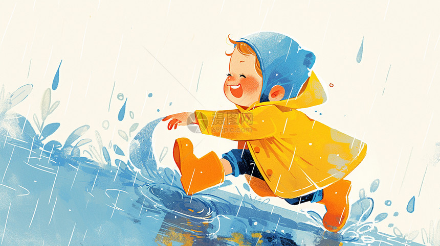 穿着黄色雨披在雨中奔跑的卡通小男孩图片