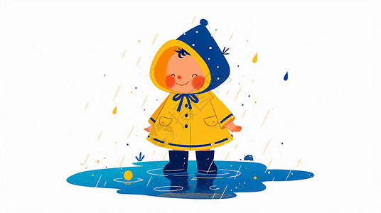 穿黄色雨披在雨中奔跑的卡通小男孩插画