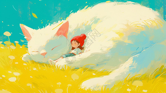 与巨型白猫一起睡觉的卡通可爱小女孩背景图片