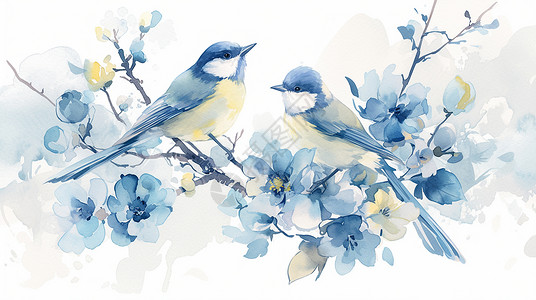 在盛开着花朵的树枝上的卡通小鸟背景图片