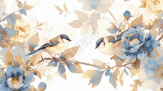 手绘蓝色植物在 树枝上的卡通小鸟插画