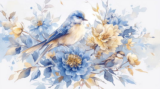 手绘蓝色植物在盛开着花朵的树枝上的卡通鸟儿插画