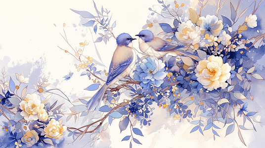 蓝色手绘小鸟在盛开着花朵的树枝上的卡通可爱小鸟插画