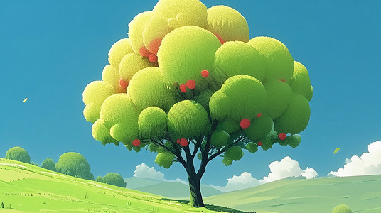 绿色大树图片 山坡上一棵高大的卡通树插画