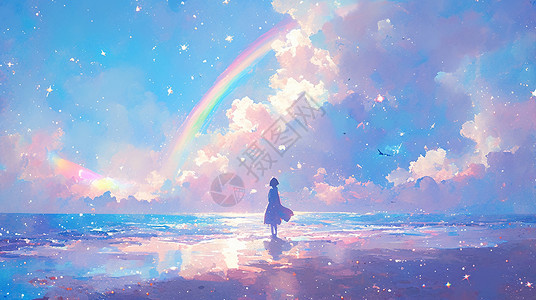 站在大海边欣赏空中彩虹的卡通小女孩背影背景图片